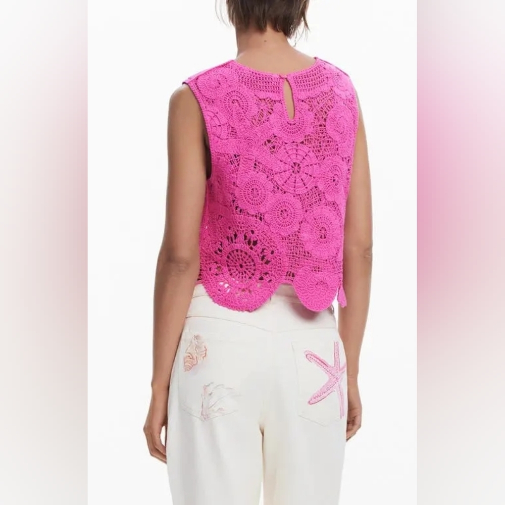 Desigual Crochet Cover Up Crop Top Pink Boho Resort Swim size Small S - Picture 2 of 5